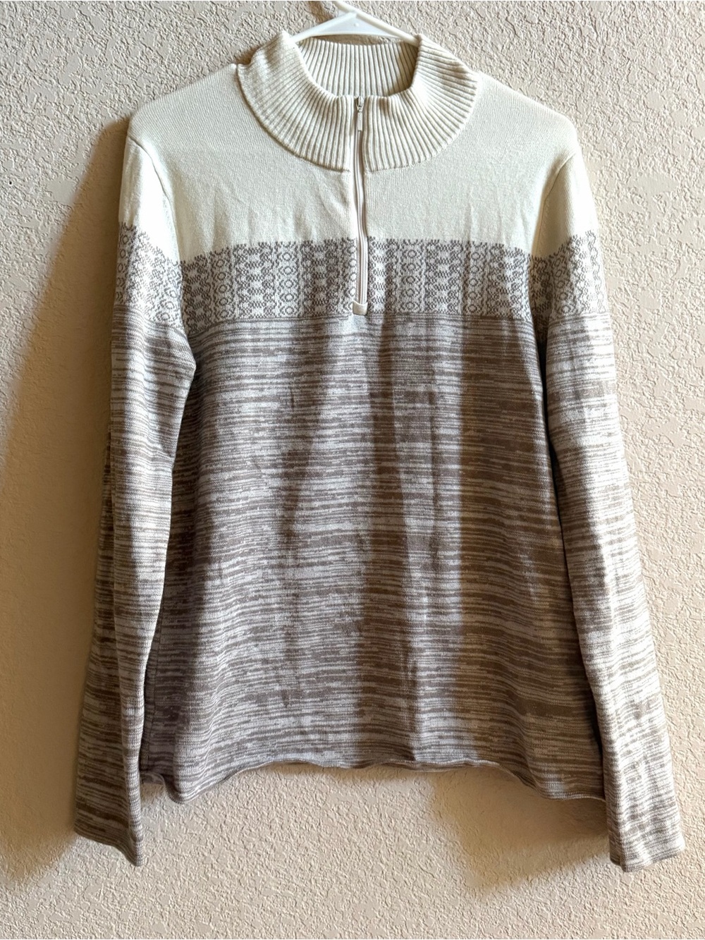 Prana size large ivory tan brown Wool Blend Quarter Zip Cozy Sweater Nordic Ski